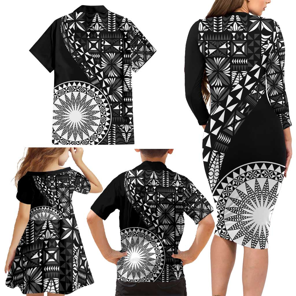 Black Tongan Ngatu Fonulei Pattern Family Matching Long Sleeve Bodycon Dress and Hawaiian Shirt LT9 - Polynesian Pride