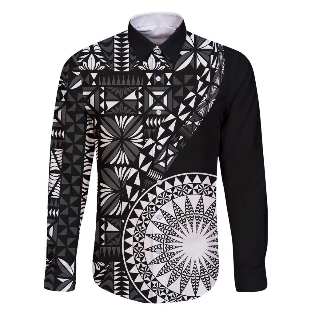 Black Tongan Ngatu Fonulei Pattern Family Matching Long Sleeve Bodycon Dress and Hawaiian Shirt LT9 Dad's Shirt - Long Sleeve Black - Polynesian Pride
