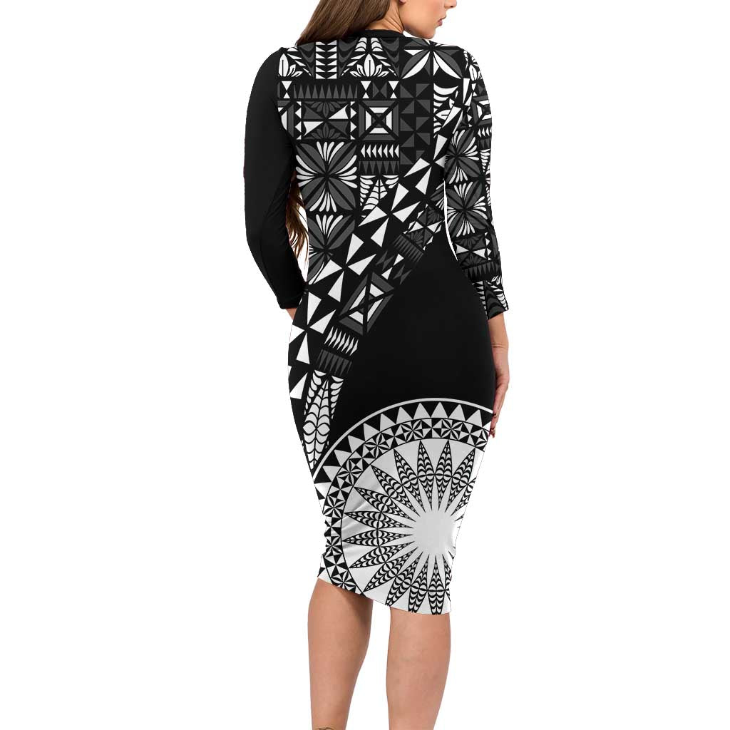 Black Tongan Ngatu Fonulei Pattern Family Matching Long Sleeve Bodycon Dress and Hawaiian Shirt LT9 - Polynesian Pride