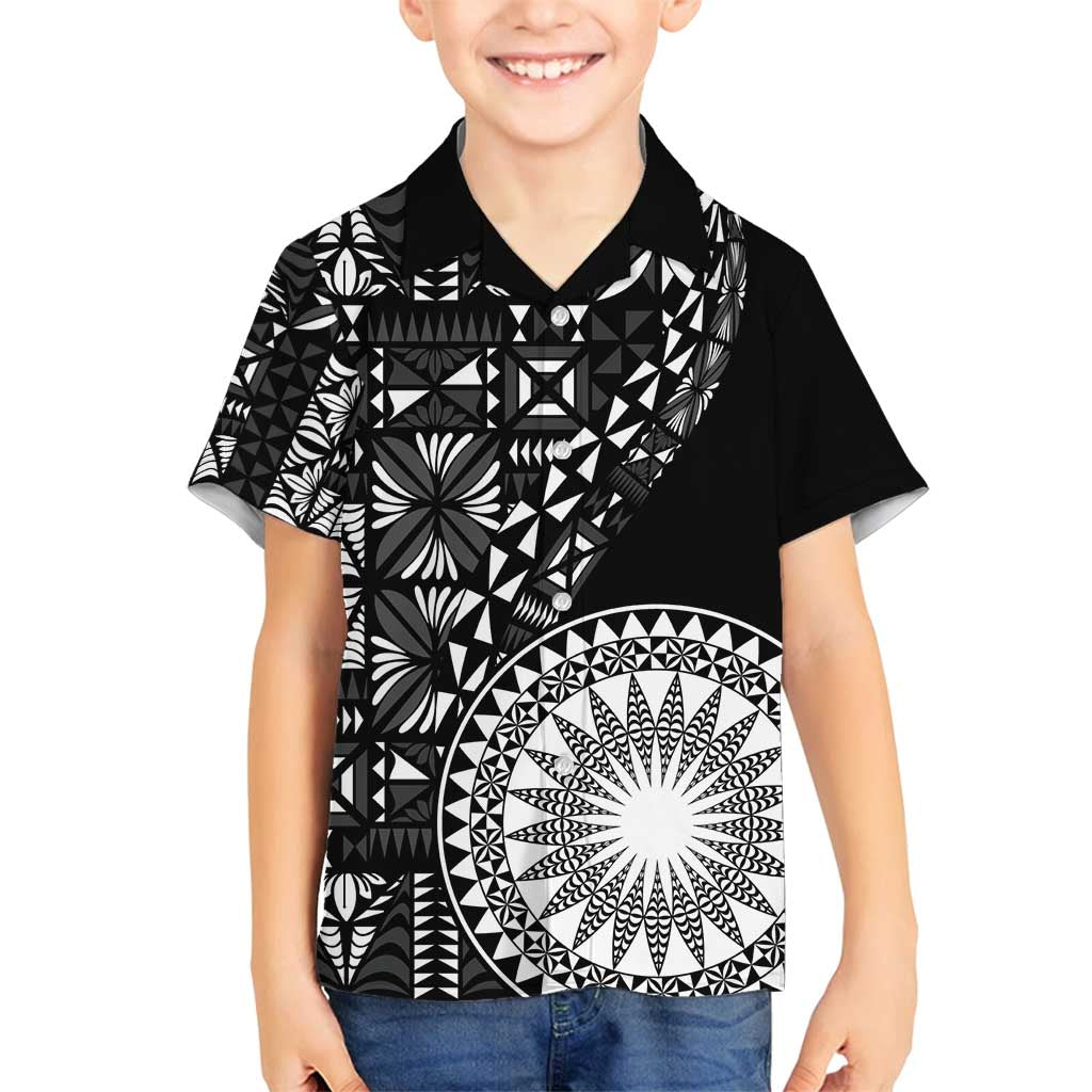 Black Tongan Ngatu Fonulei Pattern Family Matching Long Sleeve Bodycon Dress and Hawaiian Shirt LT9 Son's Shirt Black - Polynesian Pride