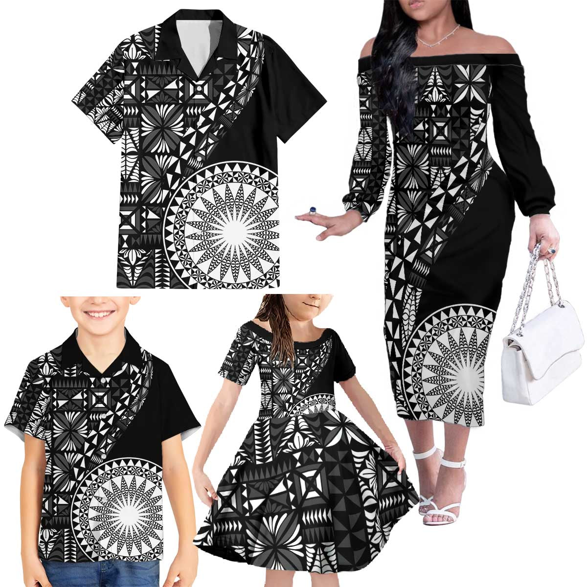 Black Tongan Ngatu Fonulei Pattern Family Matching Off The Shoulder Long Sleeve Dress and Hawaiian Shirt