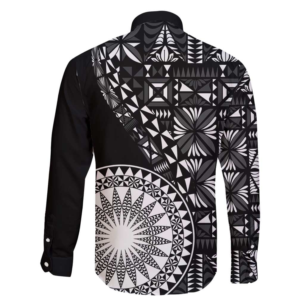 Black Tongan Ngatu Fonulei Pattern Family Matching Off Shoulder Maxi Dress and Hawaiian Shirt