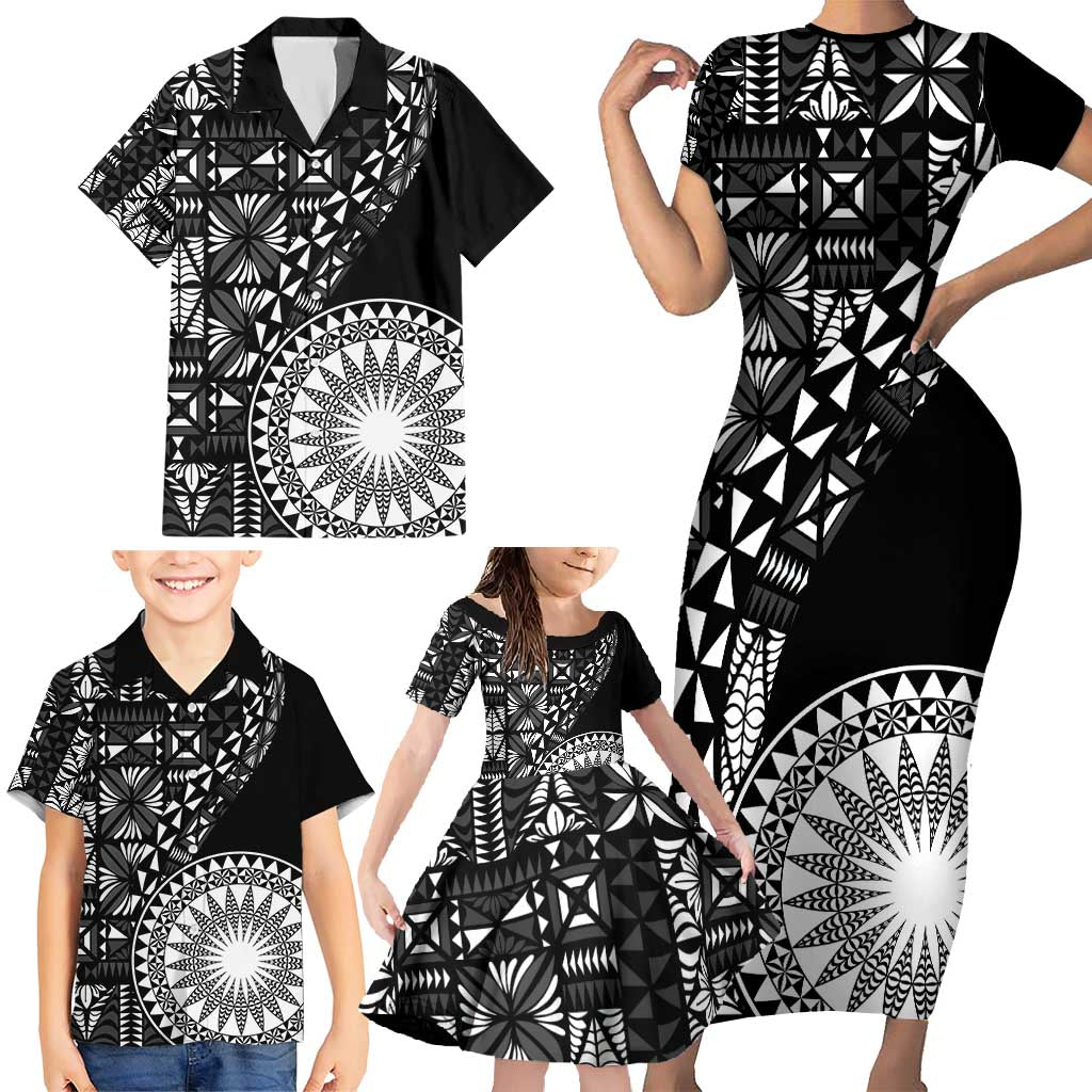 Black Tongan Ngatu Fonulei Pattern Family Matching Short Sleeve Bodycon Dress and Hawaiian Shirt LT9 - Polynesian Pride