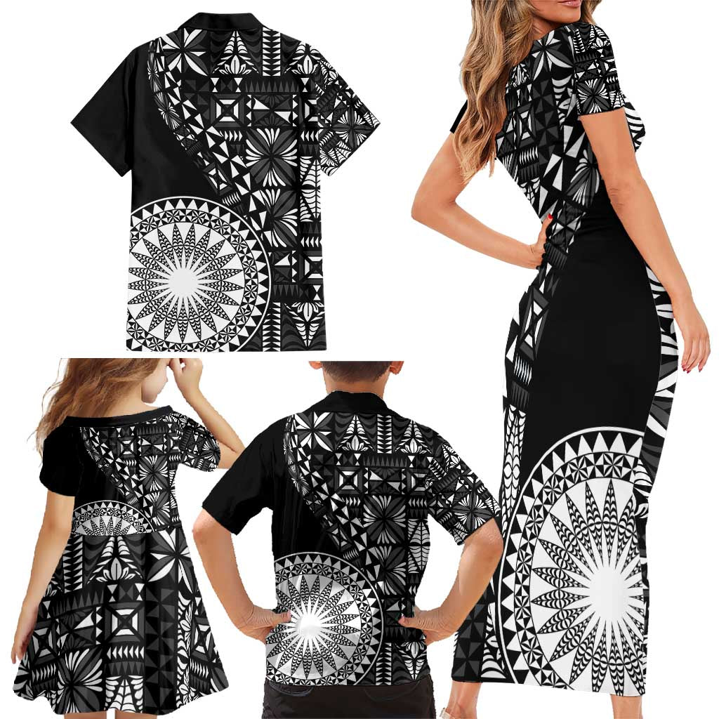 Black Tongan Ngatu Fonulei Pattern Family Matching Short Sleeve Bodycon Dress and Hawaiian Shirt LT9 - Polynesian Pride