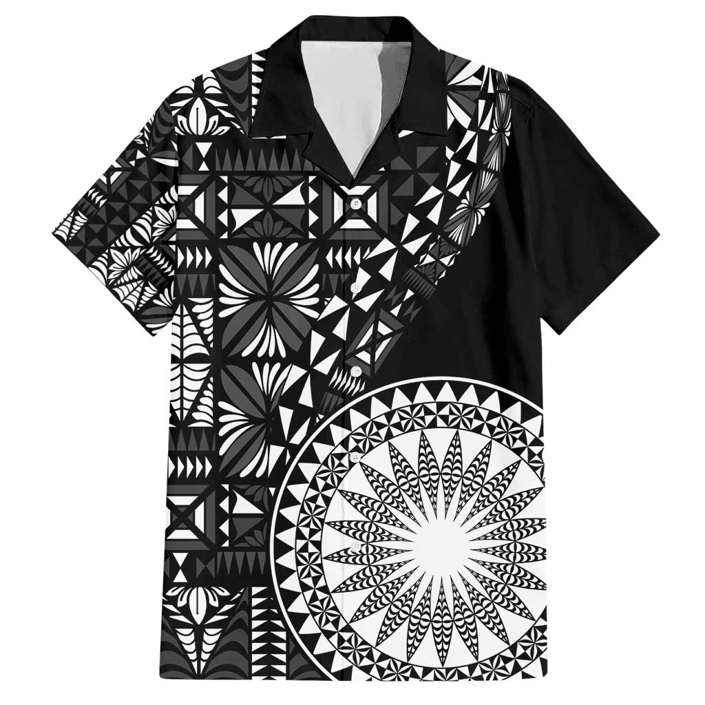 Black Tongan Ngatu Fonulei Pattern Family Matching Short Sleeve Bodycon Dress and Hawaiian Shirt LT9 Dad's Shirt - Short Sleeve Black - Polynesian Pride