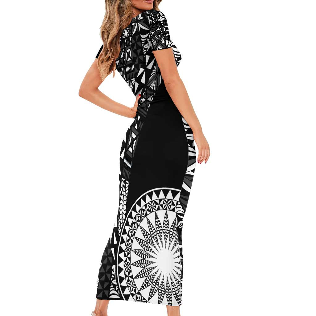 Black Tongan Ngatu Fonulei Pattern Family Matching Short Sleeve Bodycon Dress and Hawaiian Shirt LT9 - Polynesian Pride