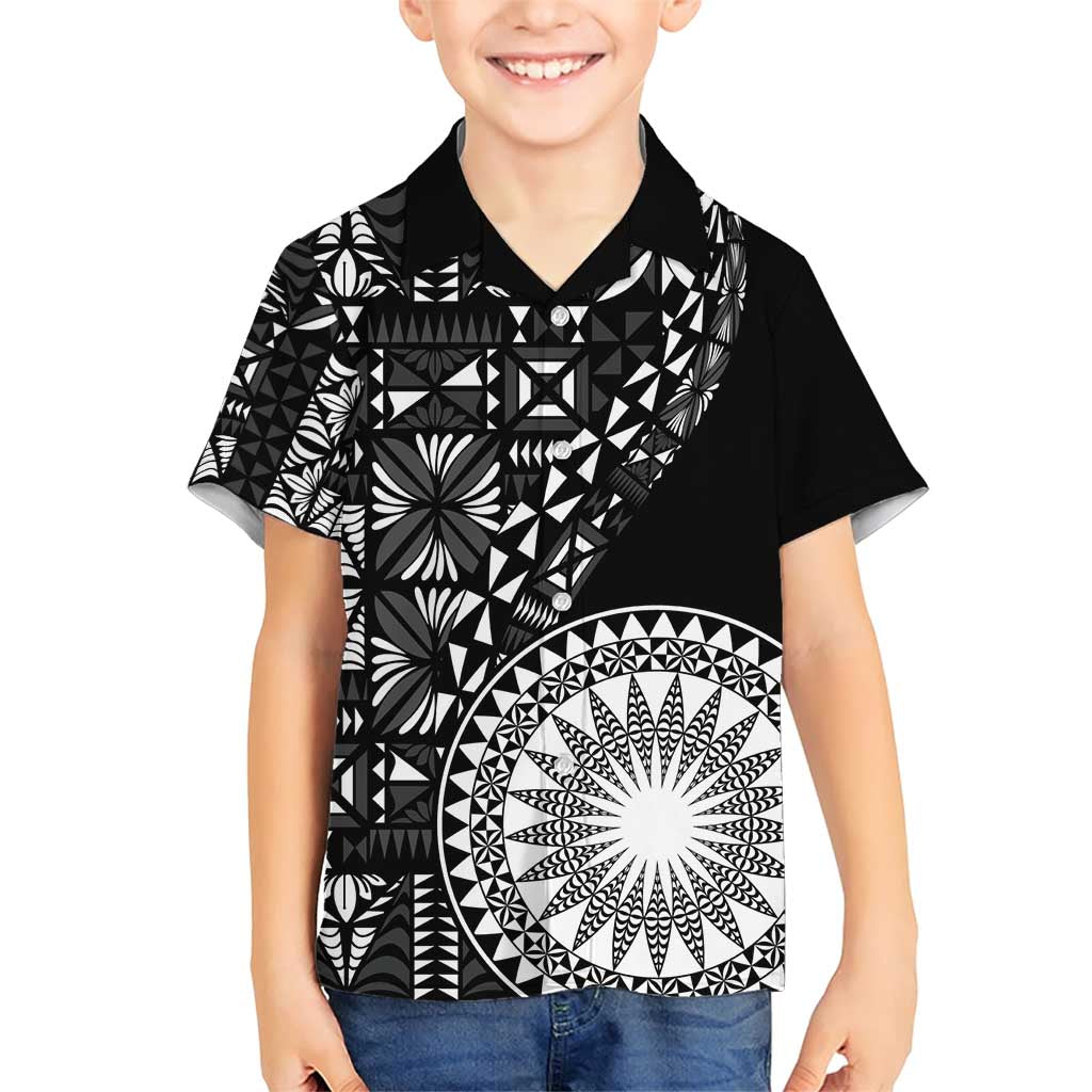 Black Tongan Ngatu Fonulei Pattern Family Matching Short Sleeve Bodycon Dress and Hawaiian Shirt LT9 Son's Shirt Black - Polynesian Pride