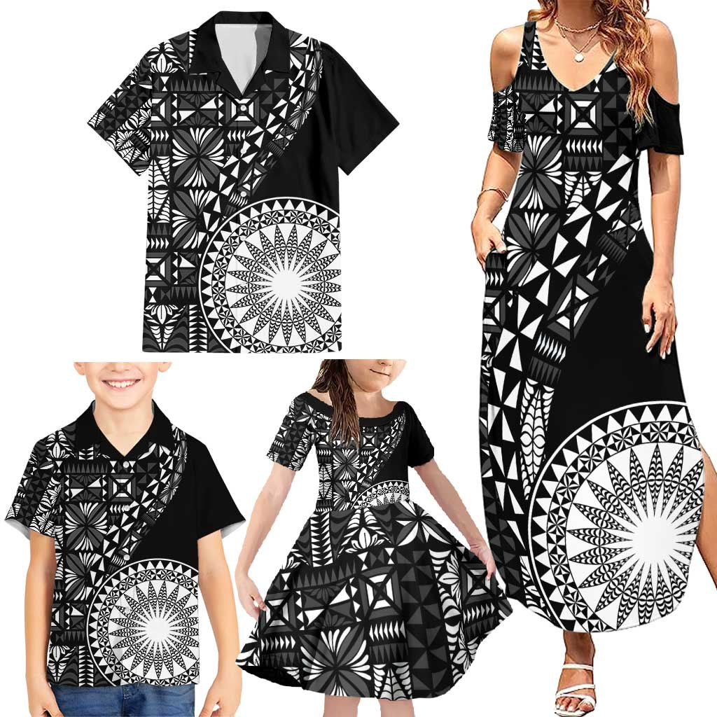 Black Tongan Ngatu Fonulei Pattern Family Matching Summer Maxi Dress and Hawaiian Shirt