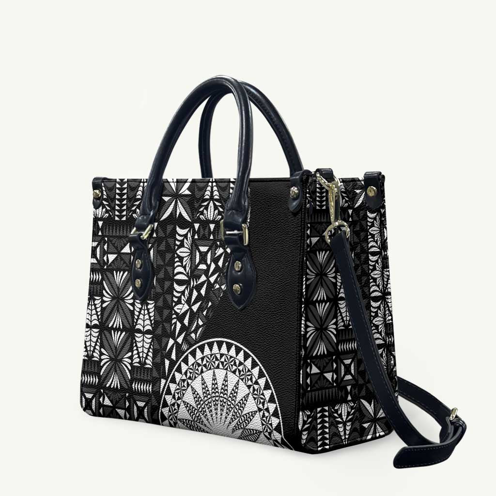 Black Tongan Ngatu Fonulei Pattern Leather Bag LT9 Black - Polynesian Pride
