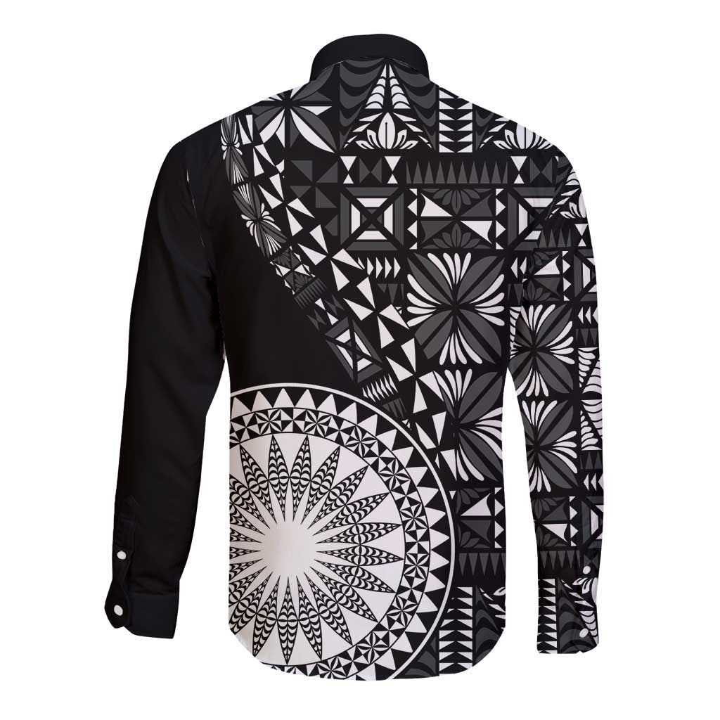 Black Tongan Ngatu Fonulei Pattern Long Sleeve Button Shirt