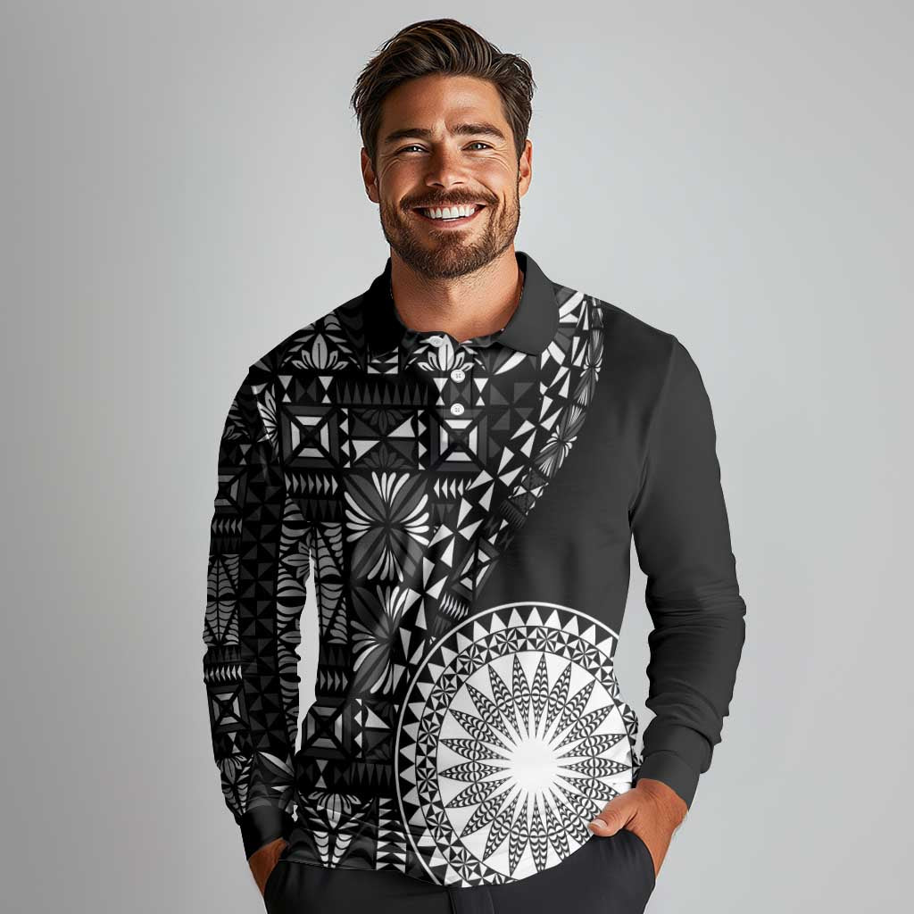 Black Tongan Ngatu Fonulei Pattern Long Sleeve Polo Shirt