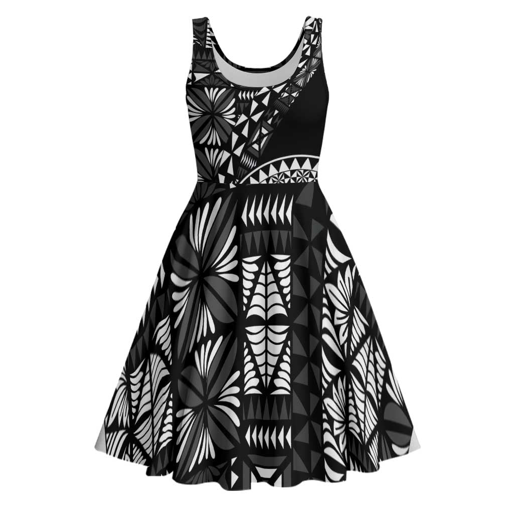 Black Tongan Ngatu Fonulei Pattern Midi Dress LT9 Black - Polynesian Pride