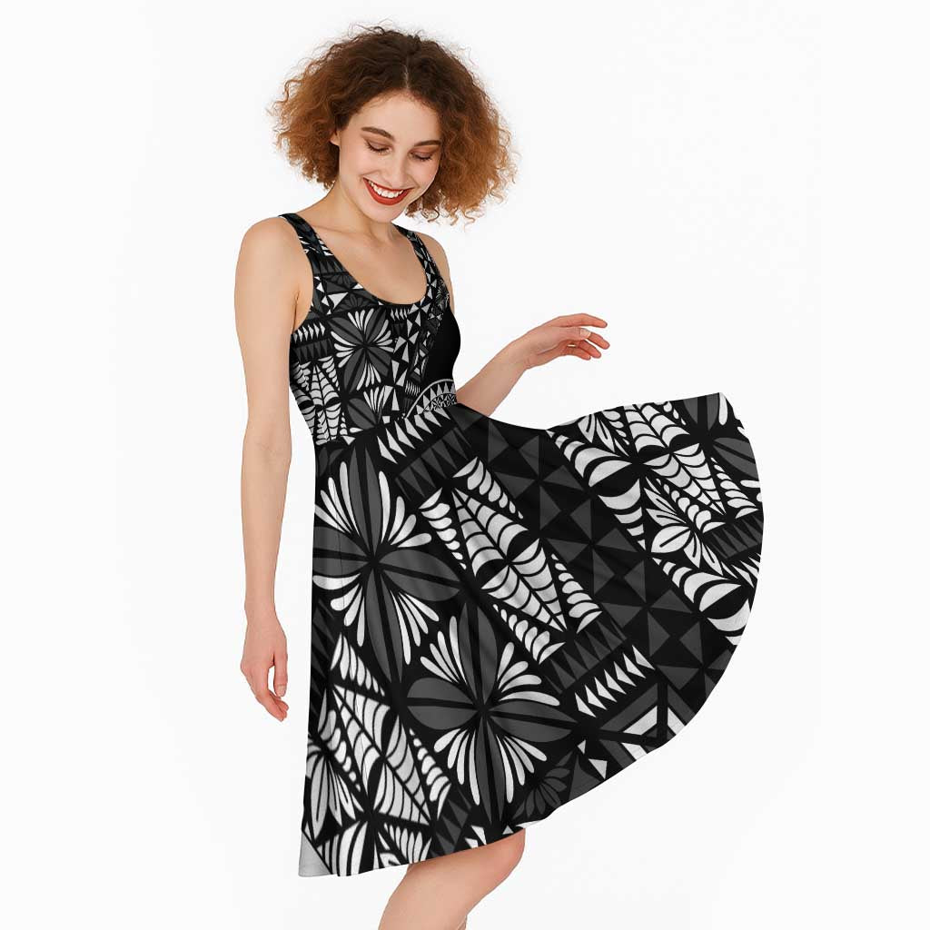 Black Tongan Ngatu Fonulei Pattern Midi Dress LT9 - Polynesian Pride