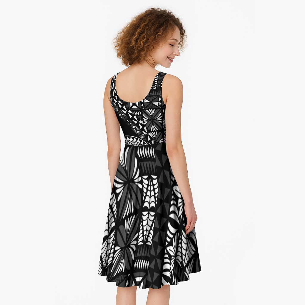 Black Tongan Ngatu Fonulei Pattern Midi Dress LT9 - Polynesian Pride