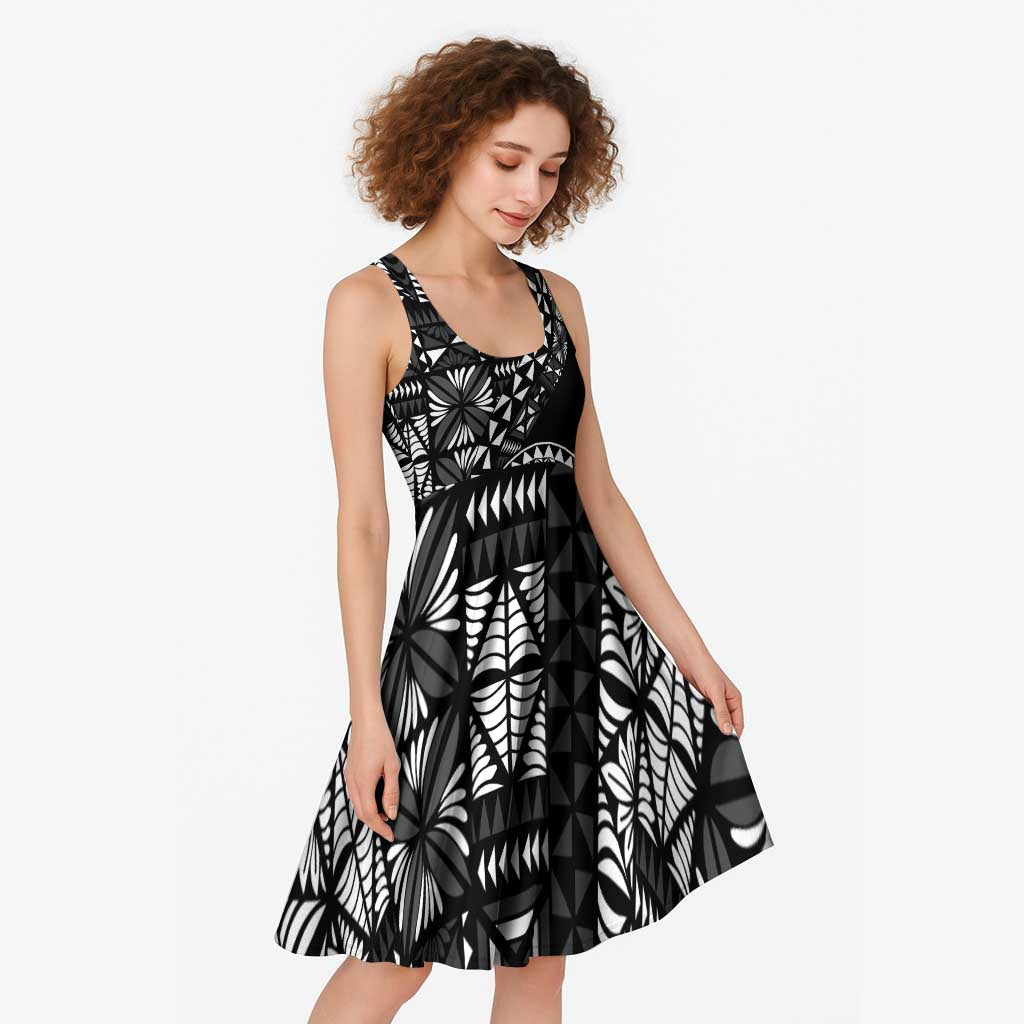 Black Tongan Ngatu Fonulei Pattern Midi Dress LT9 - Polynesian Pride