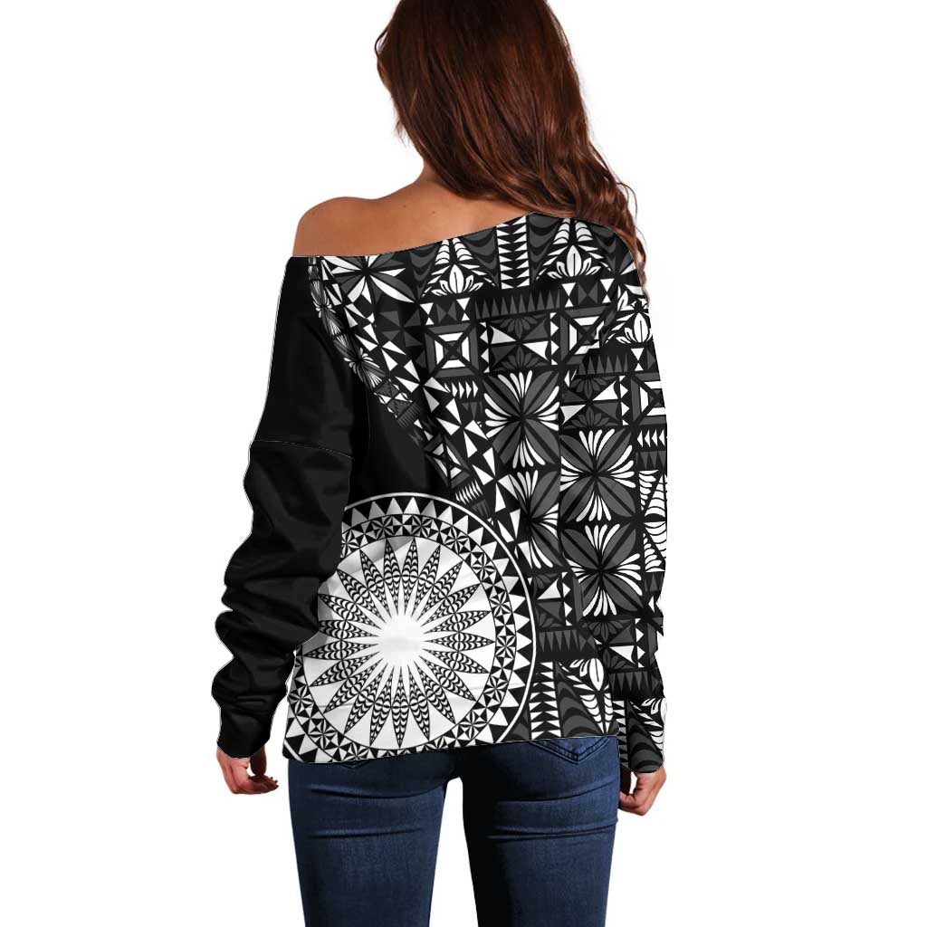 Black Tongan Ngatu Fonulei Pattern Off Shoulder Sweater