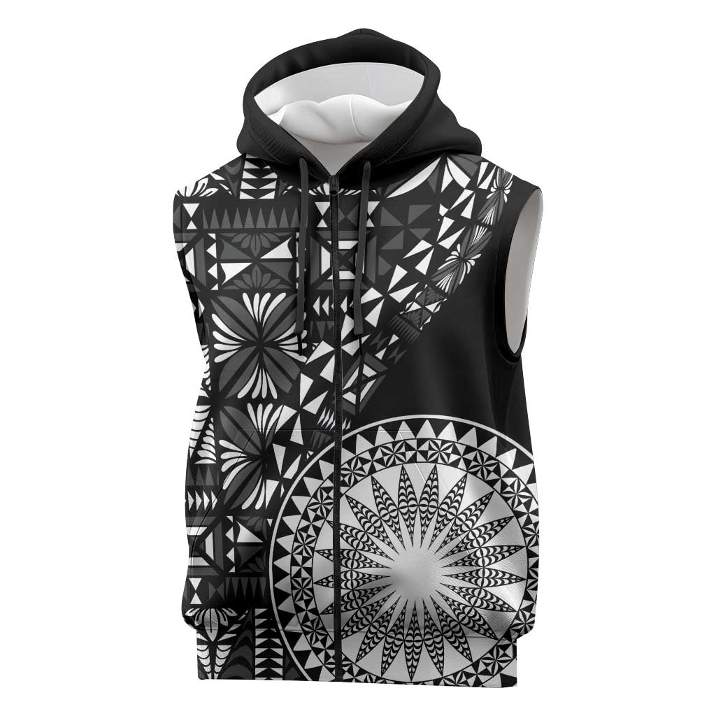 Black Tongan Ngatu Fonulei Pattern Sleeveless Zip Hoodie LT9 Black - Polynesian Pride