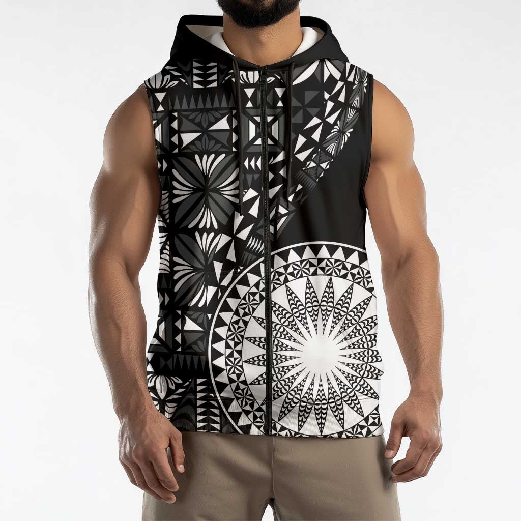 Black Tongan Ngatu Fonulei Pattern Sleeveless Zip Hoodie LT9 - Polynesian Pride