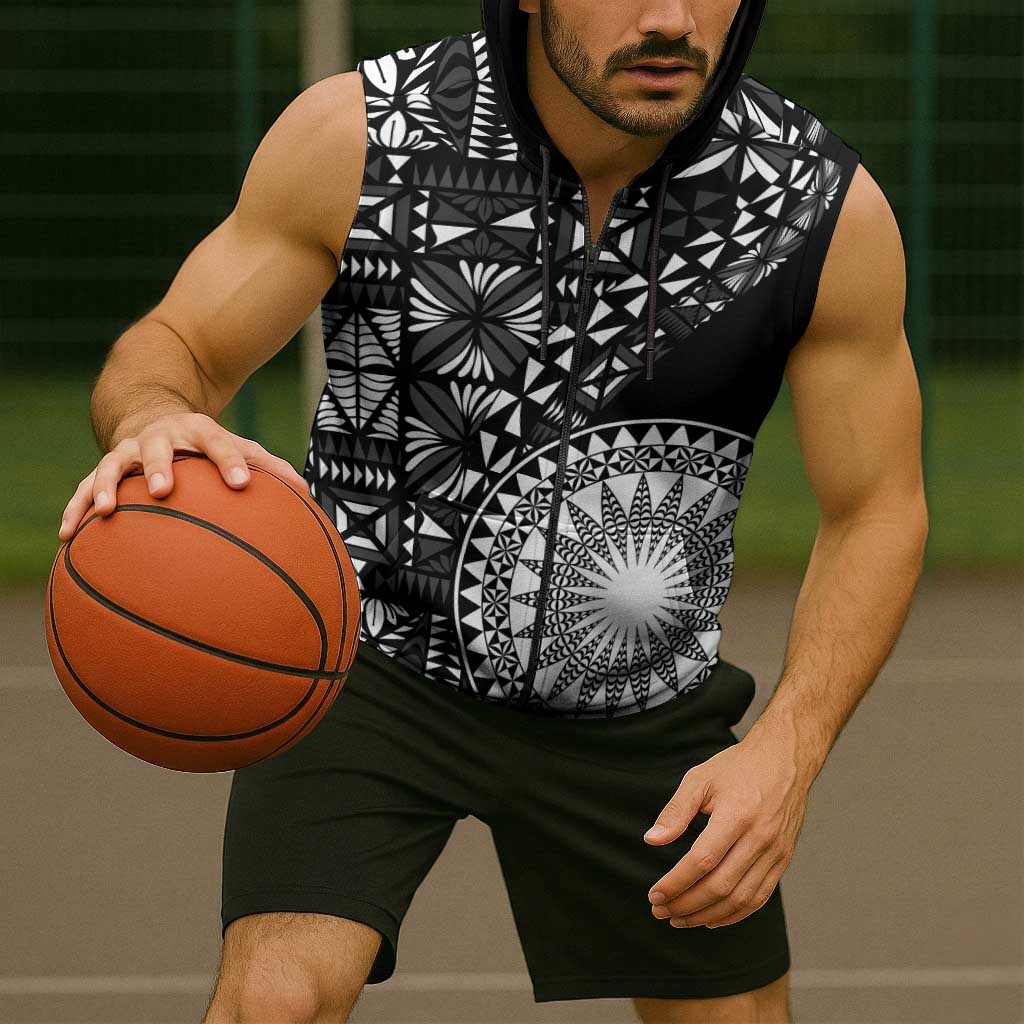 Black Tongan Ngatu Fonulei Pattern Sleeveless Zip Hoodie LT9 - Polynesian Pride
