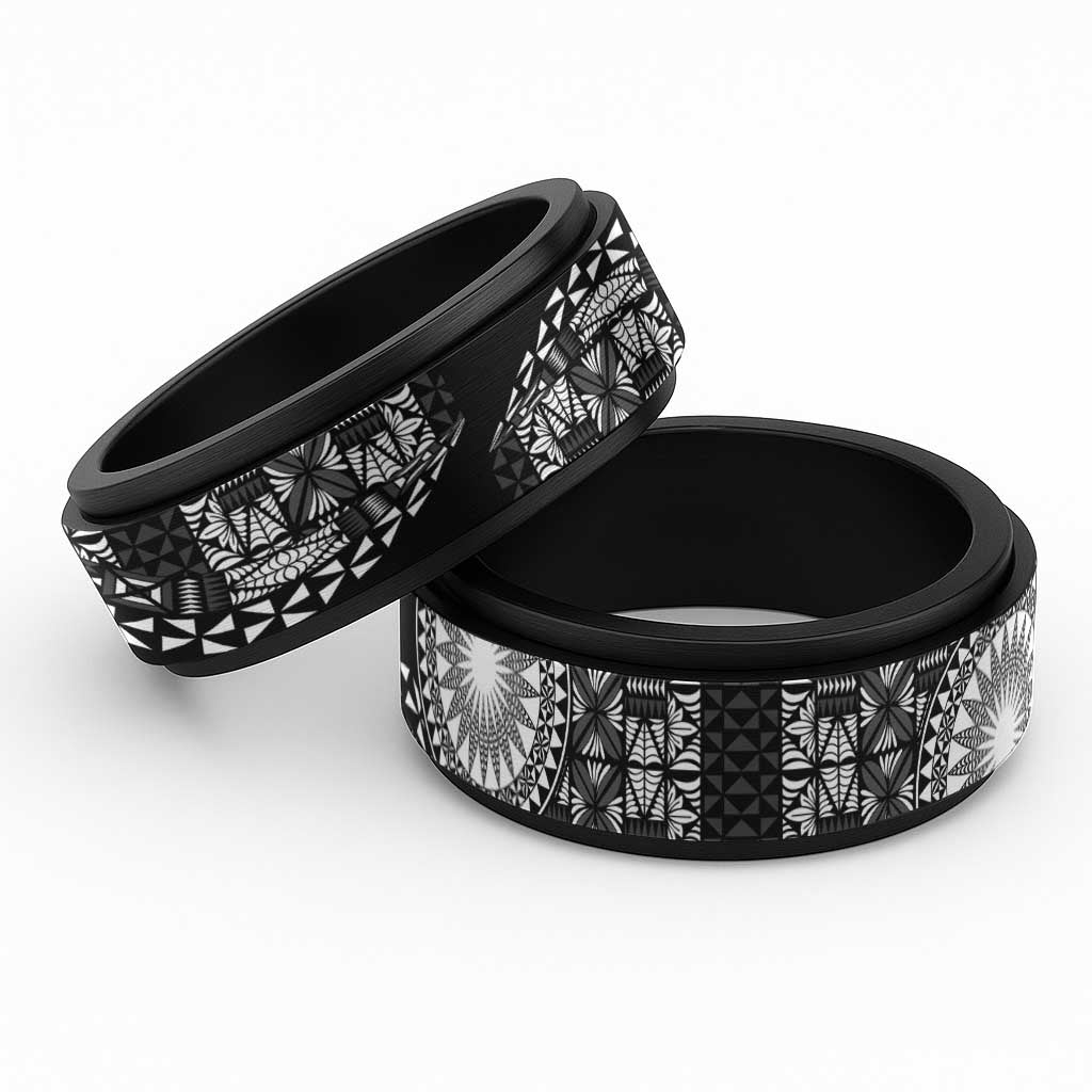 Black Tongan Ngatu Fonulei Pattern Spinner Ring LT9 Black Black - Polynesian Pride