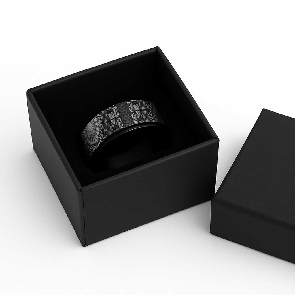 Black Tongan Ngatu Fonulei Pattern Spinner Ring LT9 - Polynesian Pride