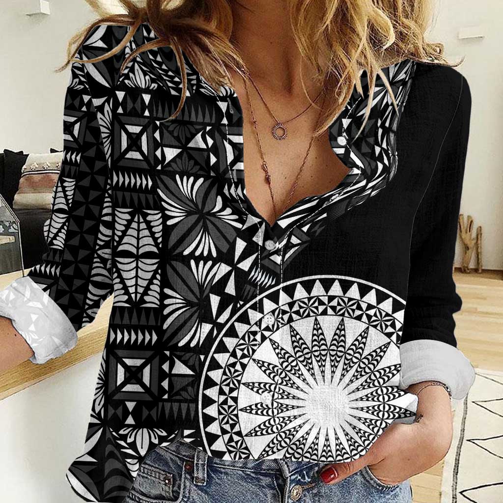 Black Tongan Ngatu Fonulei Pattern Women Casual Shirt