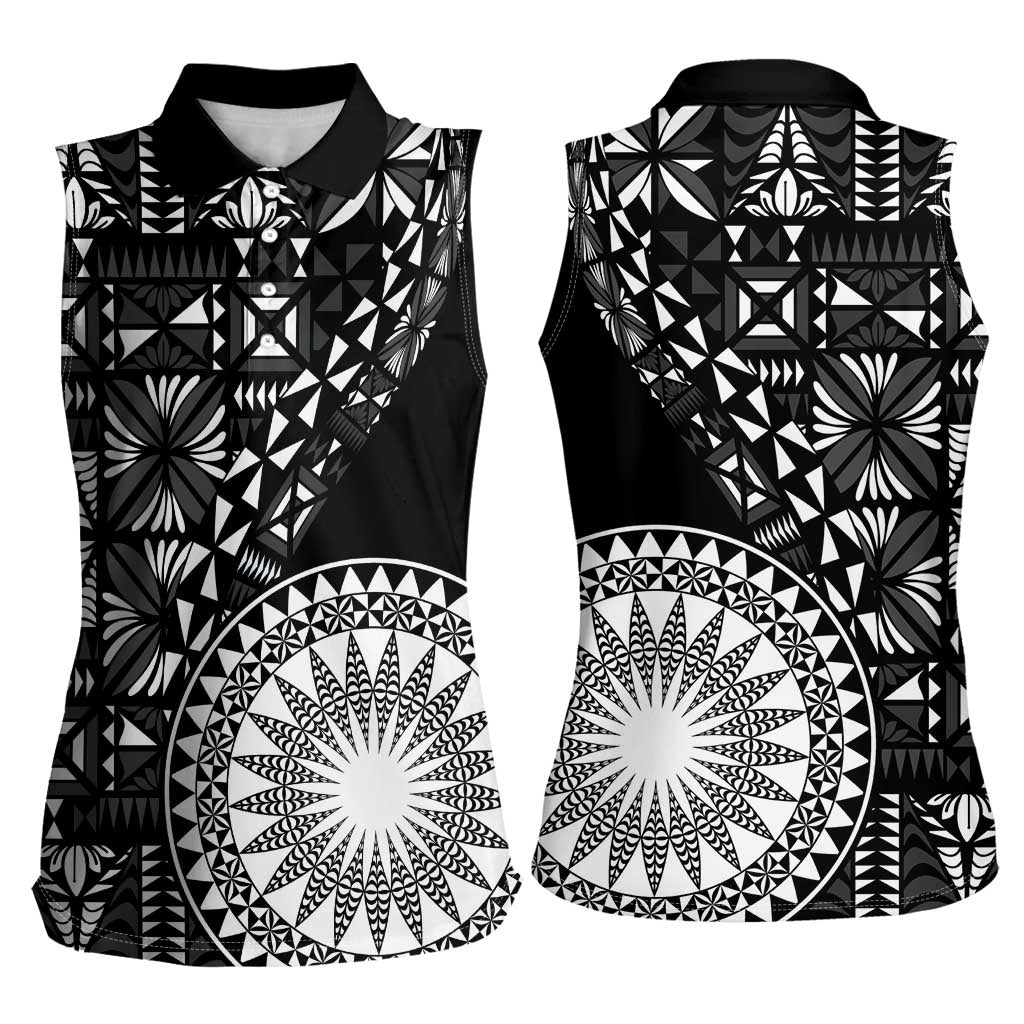 Black Tongan Ngatu Fonulei Pattern Women Sleeveless Polo Shirt