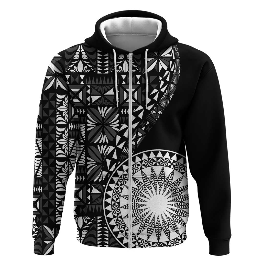 Black Tongan Ngatu Fonulei Pattern Zip Hoodie