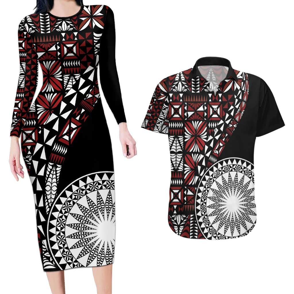 Red Tongan Ngatu Fonulei Pattern Couples Matching Long Sleeve Bodycon Dress and Hawaiian Shirt