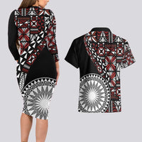 Red Tongan Ngatu Fonulei Pattern Couples Matching Long Sleeve Bodycon Dress and Hawaiian Shirt