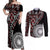 Red Tongan Ngatu Fonulei Pattern Couples Matching Off Shoulder Maxi Dress and Long Sleeve Button Shirt