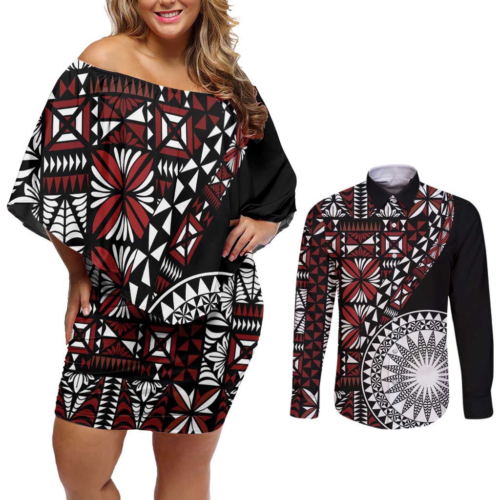 Red Tongan Ngatu Fonulei Pattern Couples Matching Off Shoulder Short Dress and Long Sleeve Button Shirt LT9 Red - Polynesian Pride