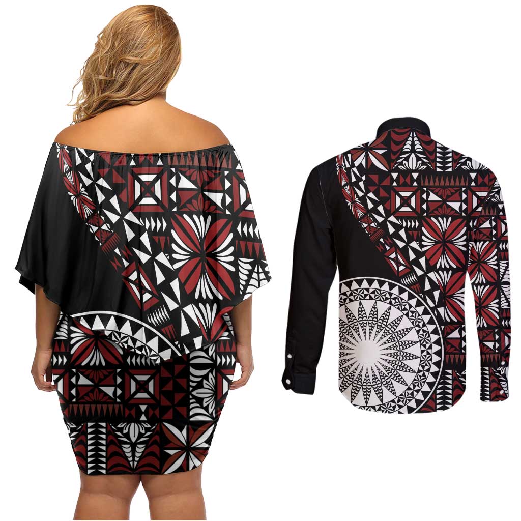 Red Tongan Ngatu Fonulei Pattern Couples Matching Off Shoulder Short Dress and Long Sleeve Button Shirt LT9 - Polynesian Pride