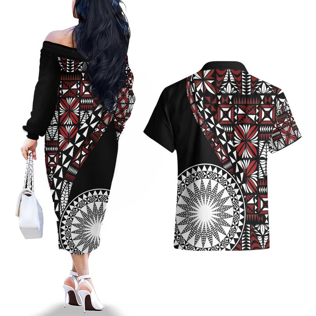 Red Tongan Ngatu Fonulei Pattern Couples Matching Off The Shoulder Long Sleeve Dress and Hawaiian Shirt