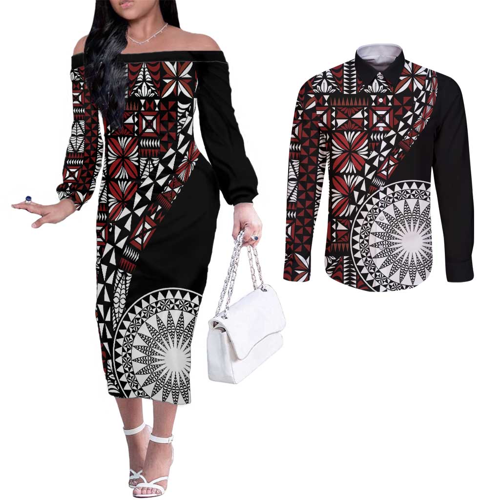 Red Tongan Ngatu Fonulei Pattern Couples Matching Off The Shoulder Long Sleeve Dress and Long Sleeve Button Shirt