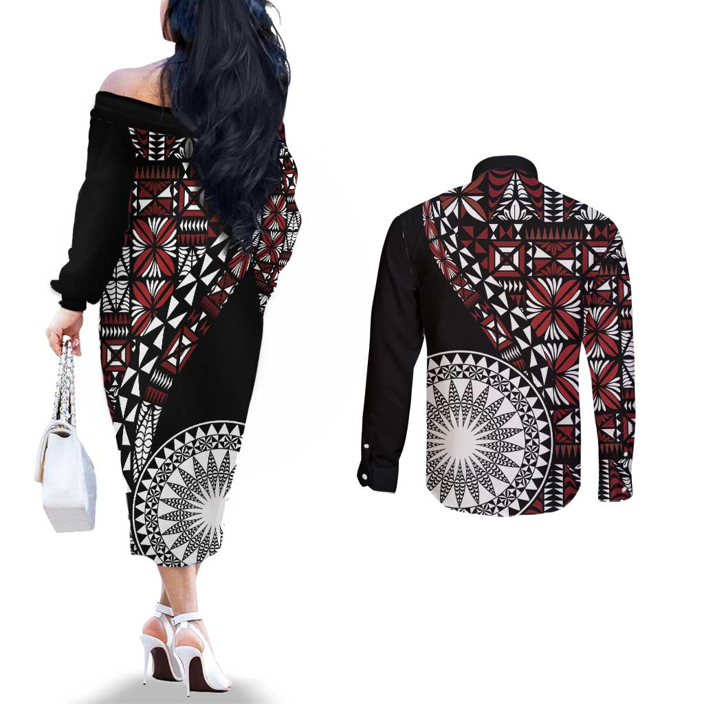 Red Tongan Ngatu Fonulei Pattern Couples Matching Off The Shoulder Long Sleeve Dress and Long Sleeve Button Shirt