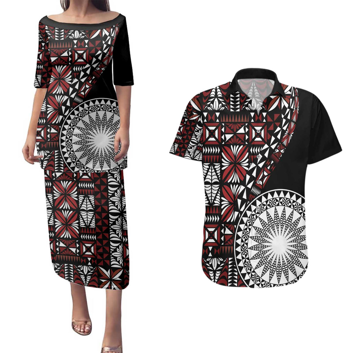 Red Tongan Ngatu Fonulei Pattern Couples Matching Puletasi and Hawaiian Shirt