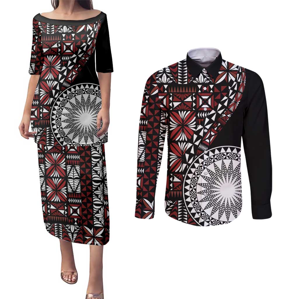 Red Tongan Ngatu Fonulei Pattern Couples Matching Puletasi and Long Sleeve Button Shirt