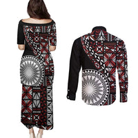 Red Tongan Ngatu Fonulei Pattern Couples Matching Puletasi and Long Sleeve Button Shirt