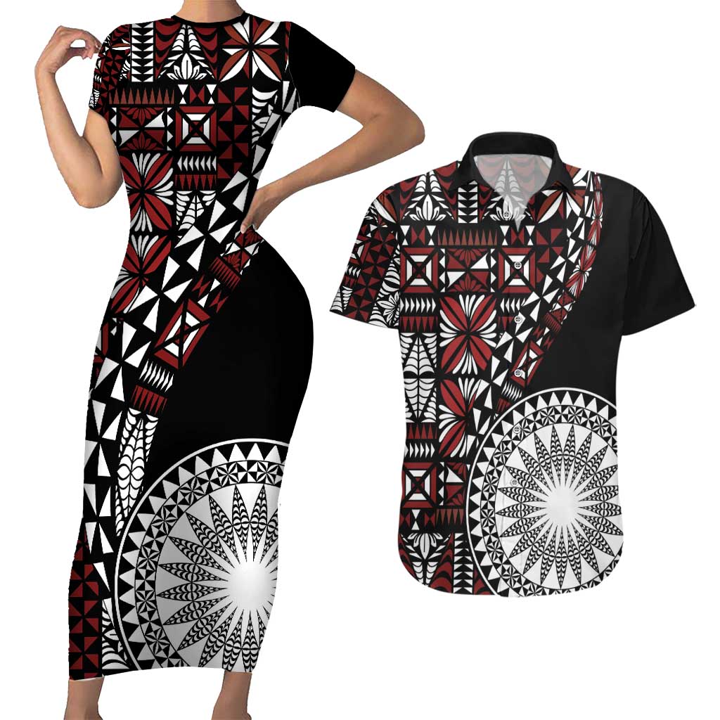 Red Tongan Ngatu Fonulei Pattern Couples Matching Short Sleeve Bodycon Dress and Hawaiian Shirt