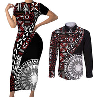 Red Tongan Ngatu Fonulei Pattern Couples Matching Short Sleeve Bodycon Dress and Long Sleeve Button Shirt