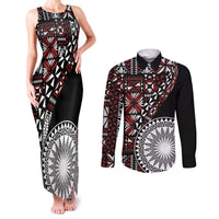 Red Tongan Ngatu Fonulei Pattern Couples Matching Tank Maxi Dress and Long Sleeve Button Shirt