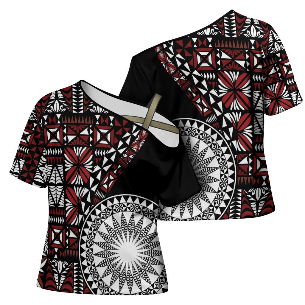 Red Tongan Ngatu Fonulei Pattern Cross Shoulder Shirt LT9 - Polynesian Pride