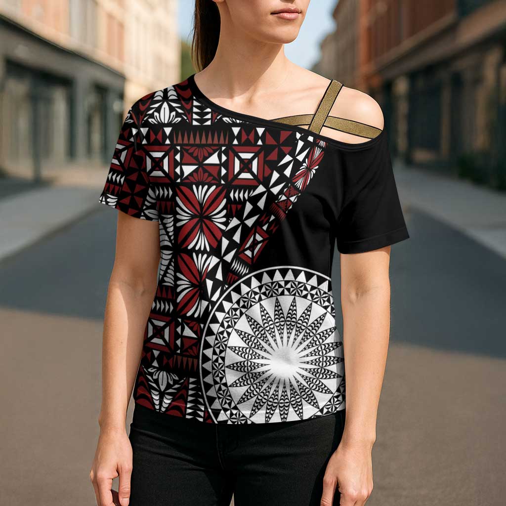 Red Tongan Ngatu Fonulei Pattern Cross Shoulder Shirt LT9 - Polynesian Pride