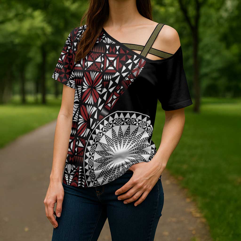 Red Tongan Ngatu Fonulei Pattern Cross Shoulder Shirt LT9 - Polynesian Pride