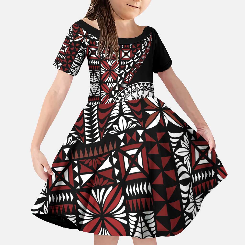 Red Tongan Ngatu Fonulei Pattern Family Matching Long Sleeve Bodycon Dress and Hawaiian Shirt LT9 Daughter's Dress Red - Polynesian Pride