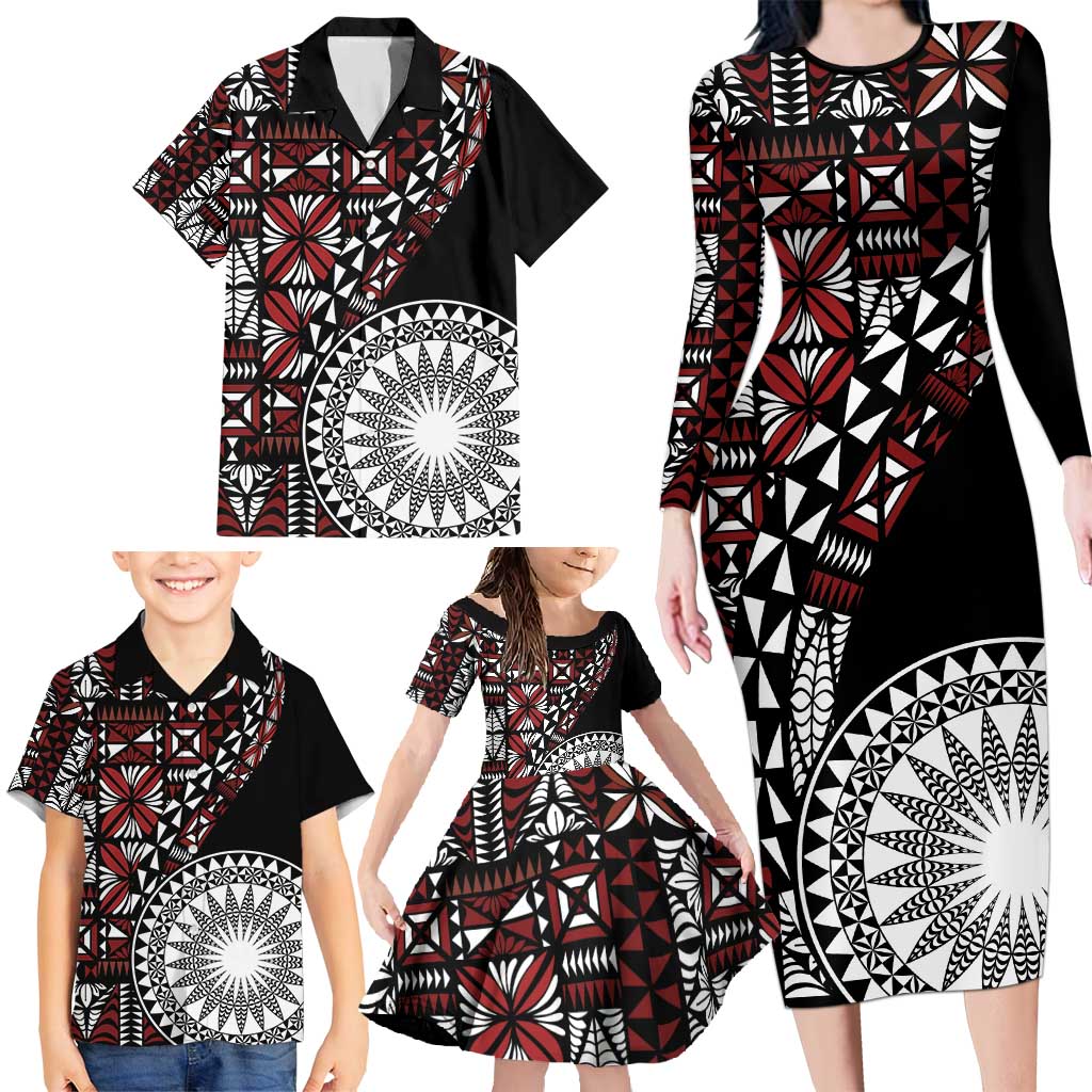 Red Tongan Ngatu Fonulei Pattern Family Matching Long Sleeve Bodycon Dress and Hawaiian Shirt LT9 - Polynesian Pride