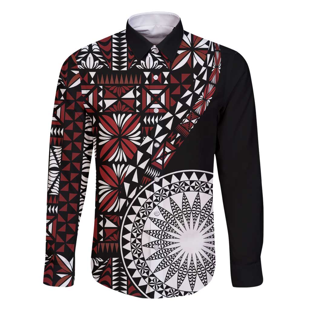 Red Tongan Ngatu Fonulei Pattern Family Matching Long Sleeve Bodycon Dress and Hawaiian Shirt LT9 Dad's Shirt - Long Sleeve Red - Polynesian Pride