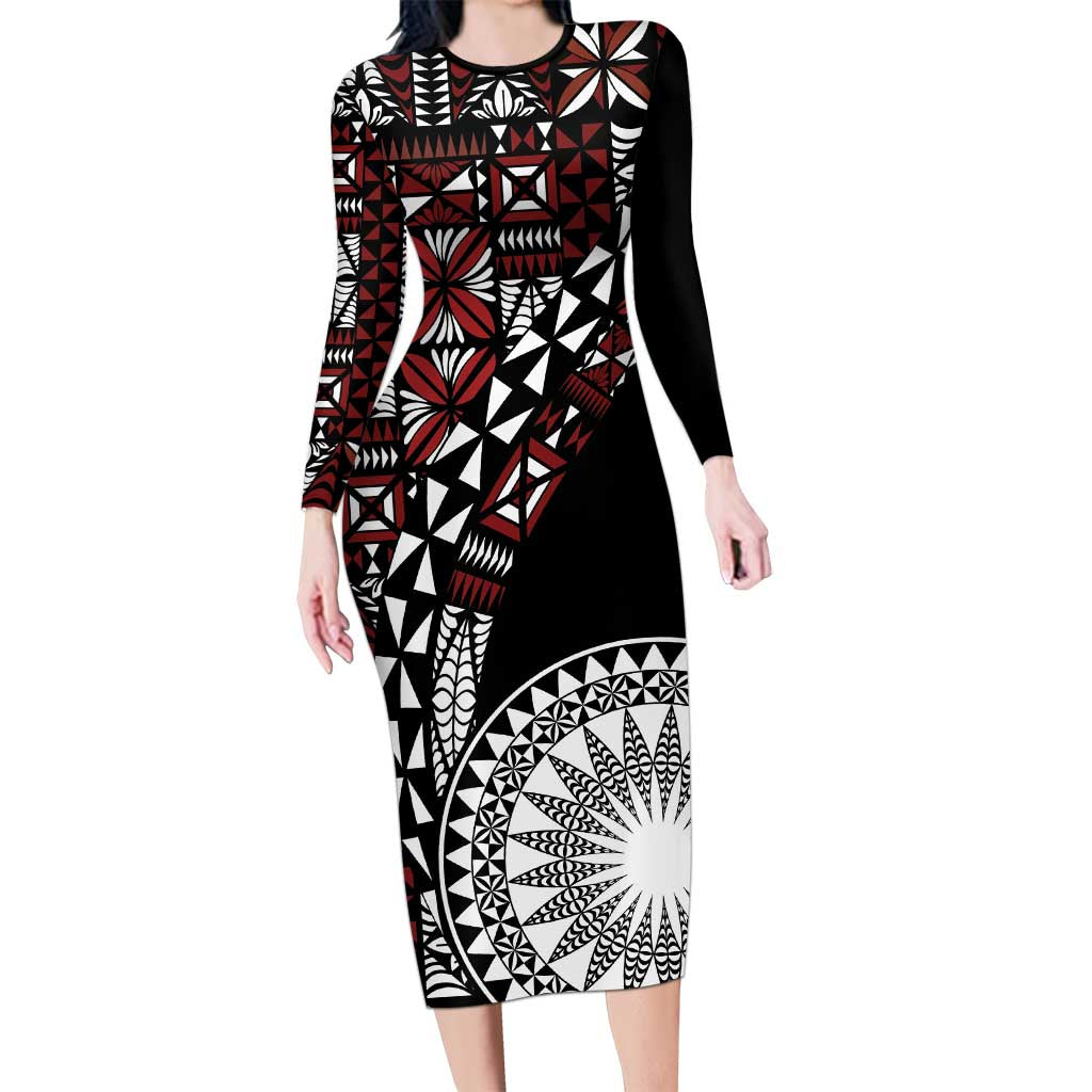 Red Tongan Ngatu Fonulei Pattern Family Matching Long Sleeve Bodycon Dress and Hawaiian Shirt LT9 Mom's Dress Red - Polynesian Pride