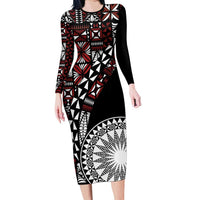 Red Tongan Ngatu Fonulei Pattern Family Matching Long Sleeve Bodycon Dress and Hawaiian Shirt LT9 Mom's Dress Red - Polynesian Pride
